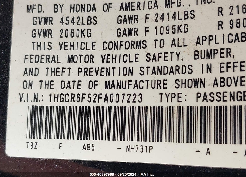 2015 HONDA ACCORD HYBRID EX-L VIN: 1HGCR6F52FA007223