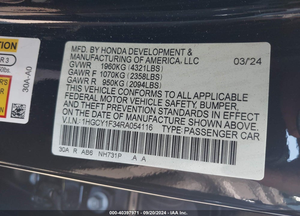 2024 HONDA ACCORD EX VIN: 1HGCY1F34RA054116