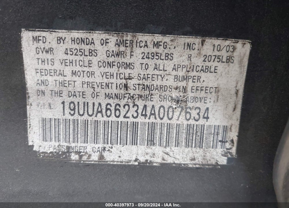 2004 ACURA TL VIN: 19UUA66234A007634