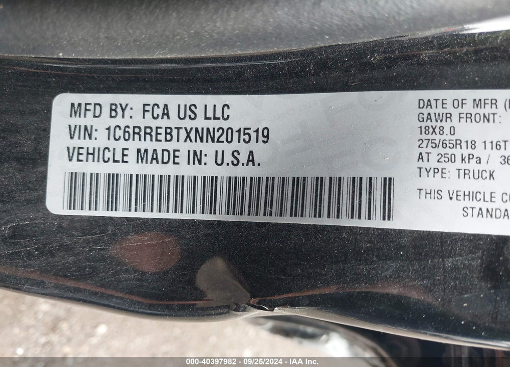 2022 RAM 1500 BIG HORN QUAD CAB 4X2 6'4 BOX VIN: 1C6RREBTXNN201519