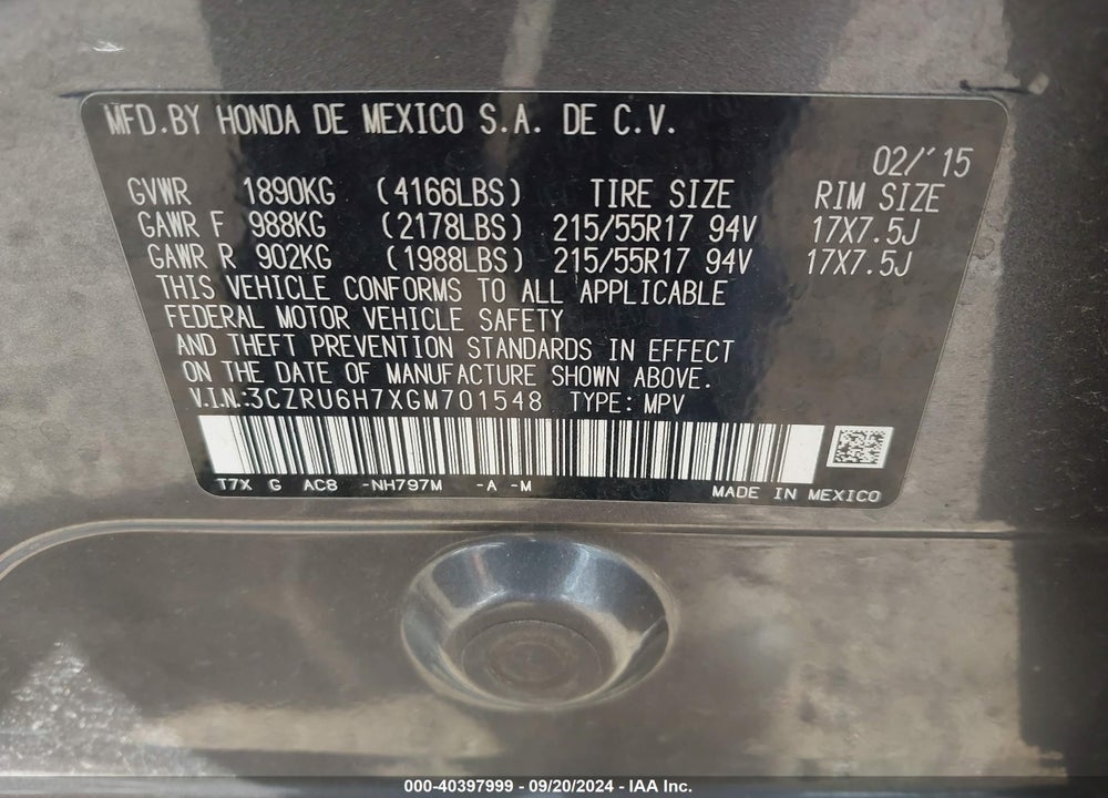 2016 HONDA HR-V EX-L VIN: 3CZRU6H7XGM701548