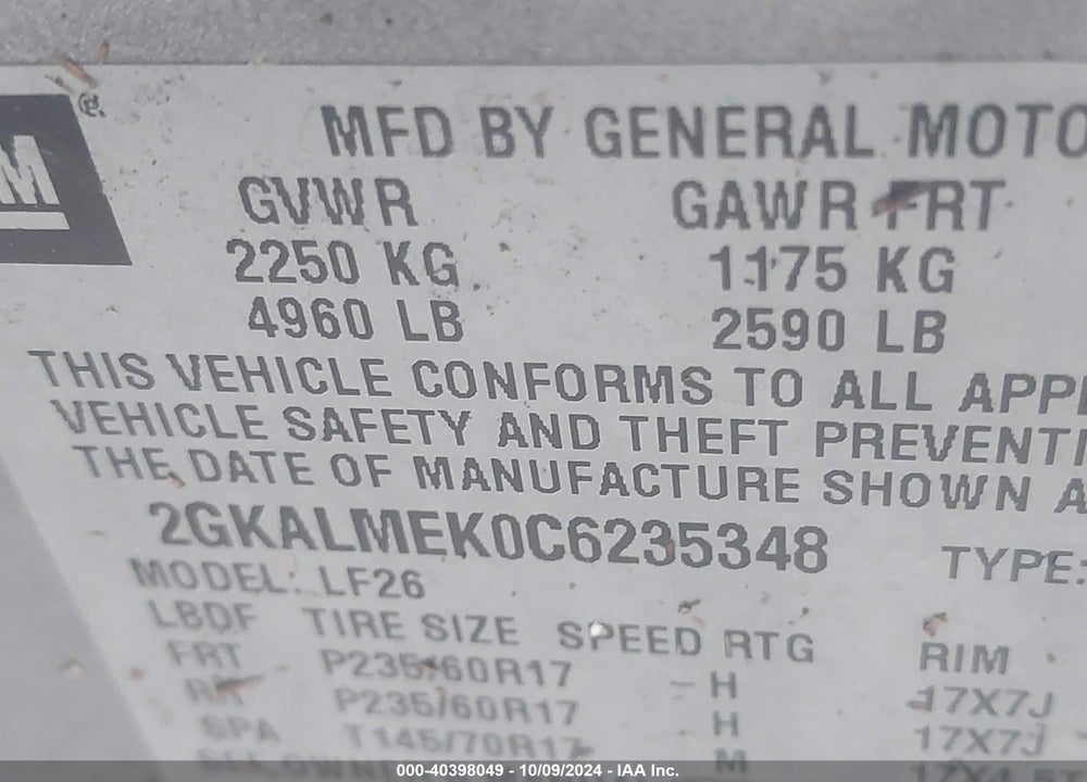2012 GMC TERRAIN SLE-1 VIN: 2GKALMEK0C6235348