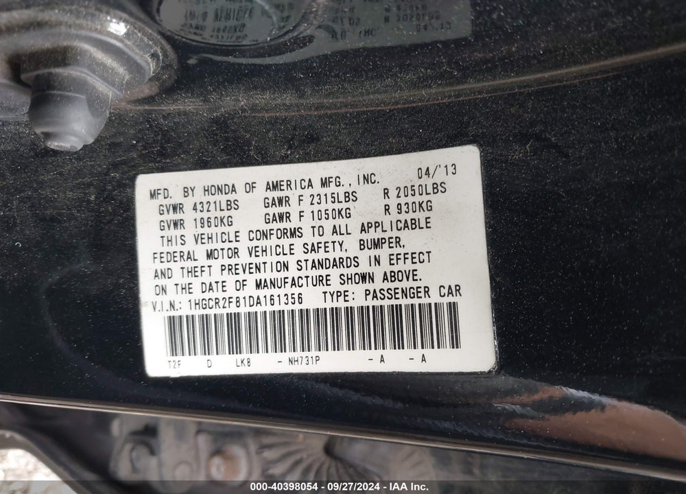 2013 HONDA ACCORD EX-L VIN: 1HGCR2F81DA161356