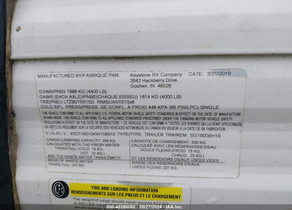 2020 KEYSTONE SPRINGDALE SERIES M- VIN: 4YDT18010KW106818