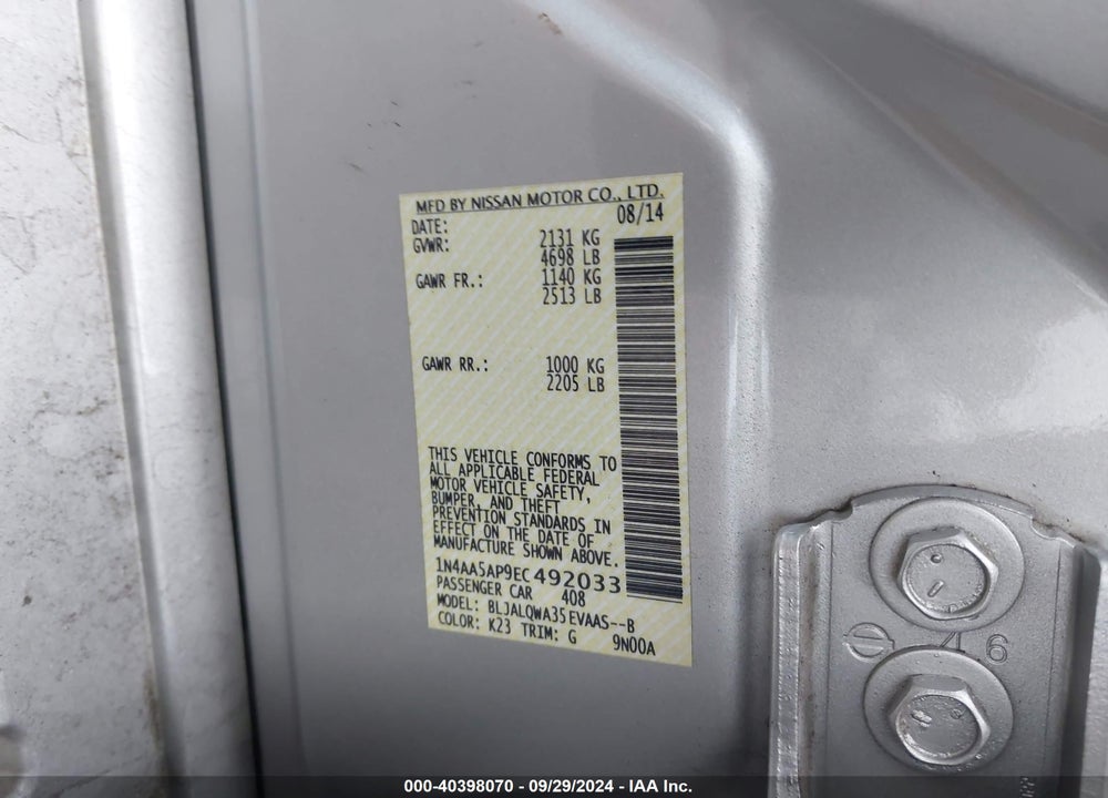 2014 NISSAN MAXIMA 3.5 S VIN: 1N4AA5AP9EC492033