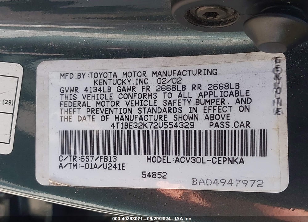 2002 TOYOTA CAMRY LE VIN: 4T1BE32K72U554329