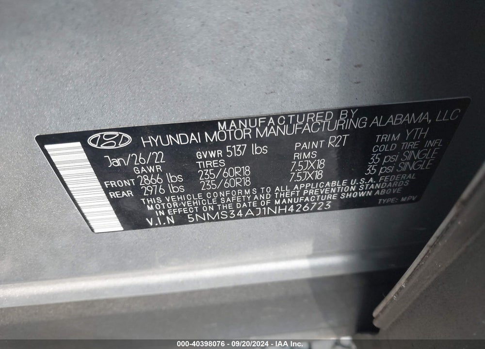 2022 HYUNDAI SANTA FE SEL VIN: 5NMS34AJ1NH426723