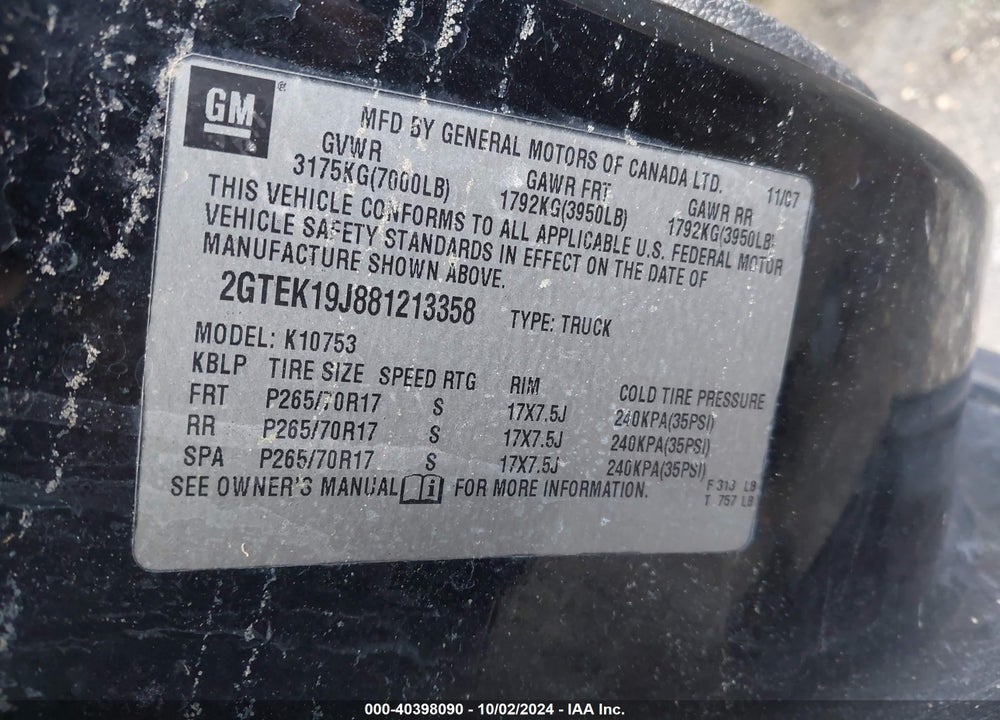 2008 GMC SIERRA 1500 SLE2 VIN: 2GTEK19J881213358