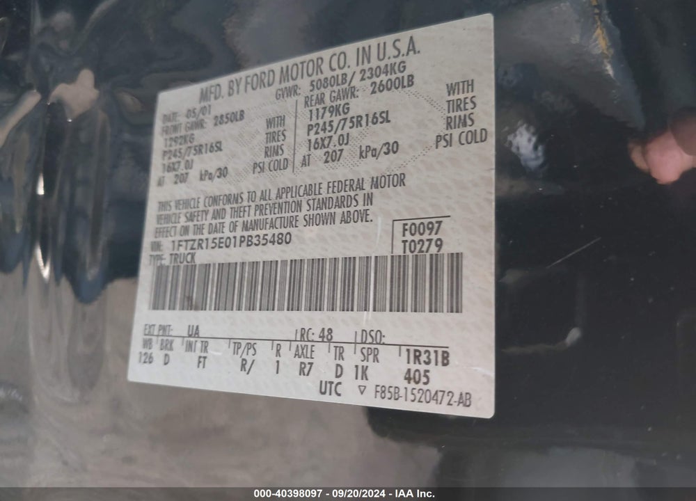 2001 FORD RANGER EDGE/XLT VIN: 1FTZR15E01PB35480