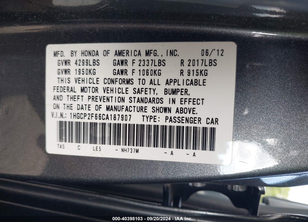 2012 HONDA ACCORD 2.4 SE VIN: 1HGCP2F66CA187907