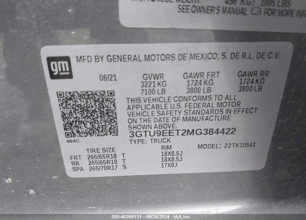 2021 GMC SIERRA 1500 4WD SHORT BOX AT4 VIN: 3GTU9EET2MG384422