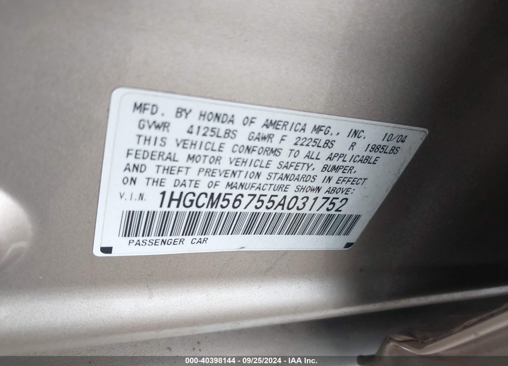 2005 HONDA ACCORD 2.4 EX VIN: 1HGCM56755A031752