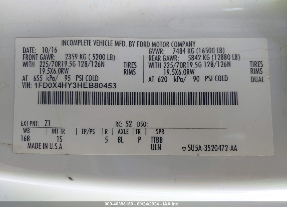 2017 FORD F-450 CHASSIS XL VIN: 1FD0X4HY3HEB80453
