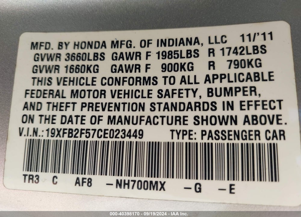 2012 HONDA CIVIC LX VIN: 19XFB2F57CE023449