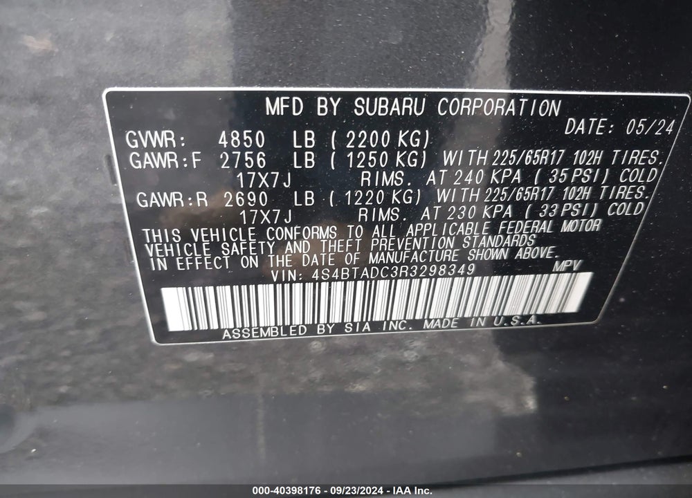 2024 SUBARU OUTBACK PREMIUM VIN: 4S4BTADC3R3298349