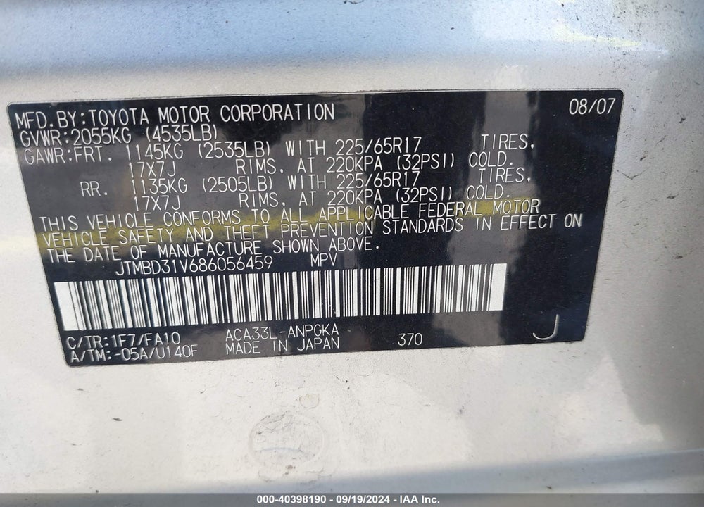 2008 TOYOTA RAV4 LIMITED VIN: JTMBD31V686056459