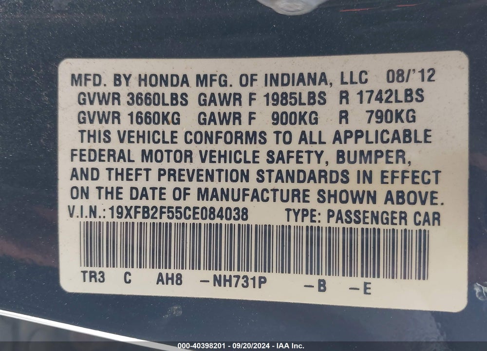 2012 HONDA CIVIC LX VIN: 19XFB2F55CE084038