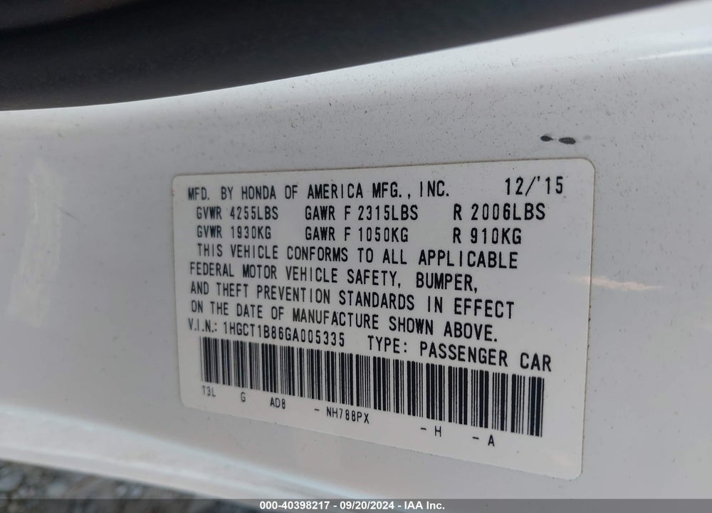 2016 HONDA ACCORD EX-L VIN: 1HGCT1B86GA005335