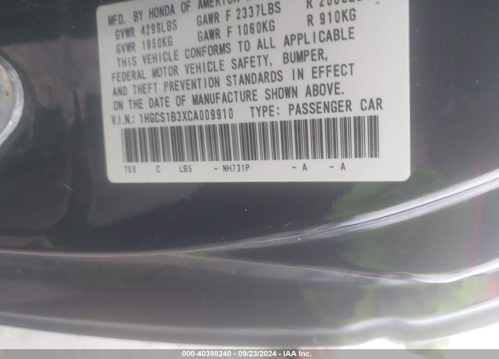 2012 HONDA ACCORD 2.4 LX-S VIN: 1HGCS1B3XCA009910