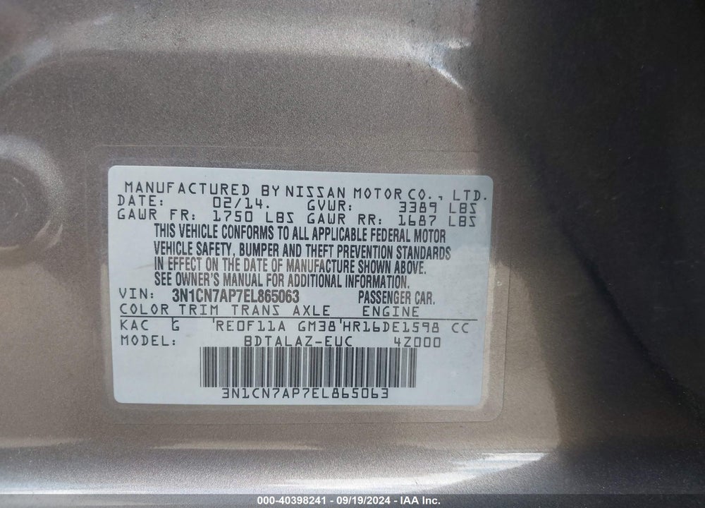 2014 NISSAN VERSA 1.6 S+ VIN: 3N1CN7AP7EL865063