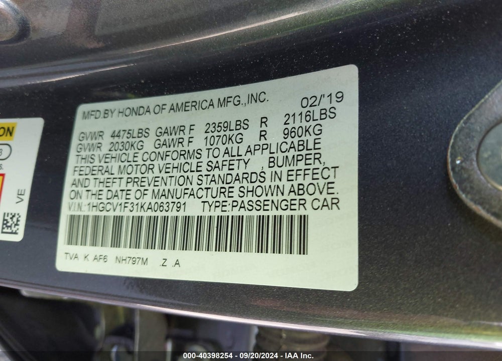 2019 HONDA ACCORD SPORT VIN: 1HGCV1F31KA063791