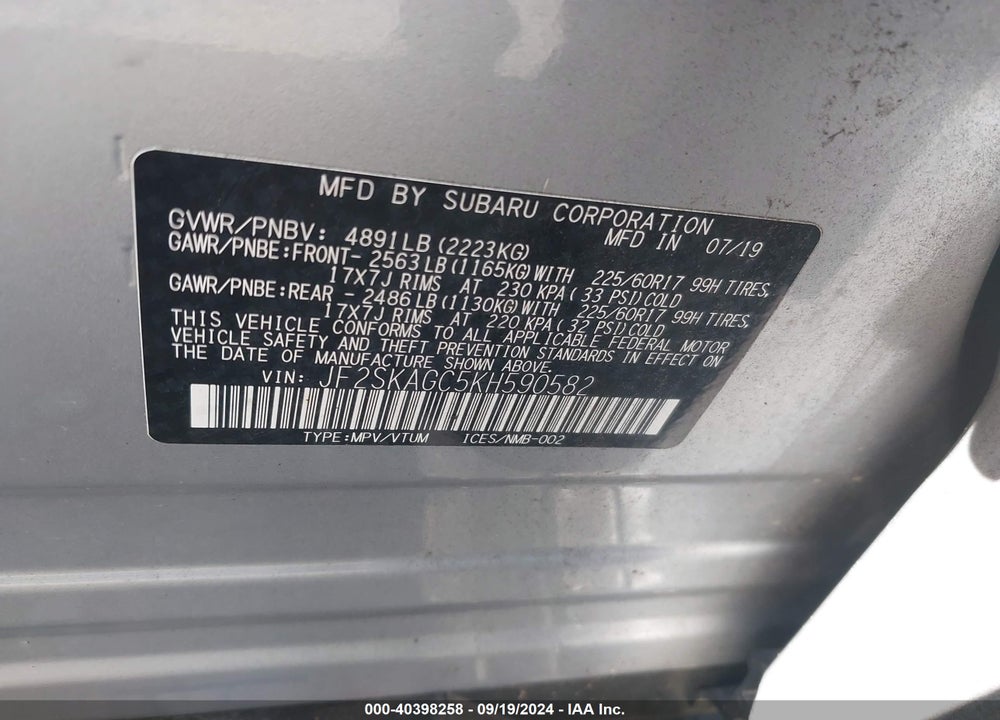 2019 SUBARU FORESTER PREMIUM VIN: JF2SKAGC5KH590582