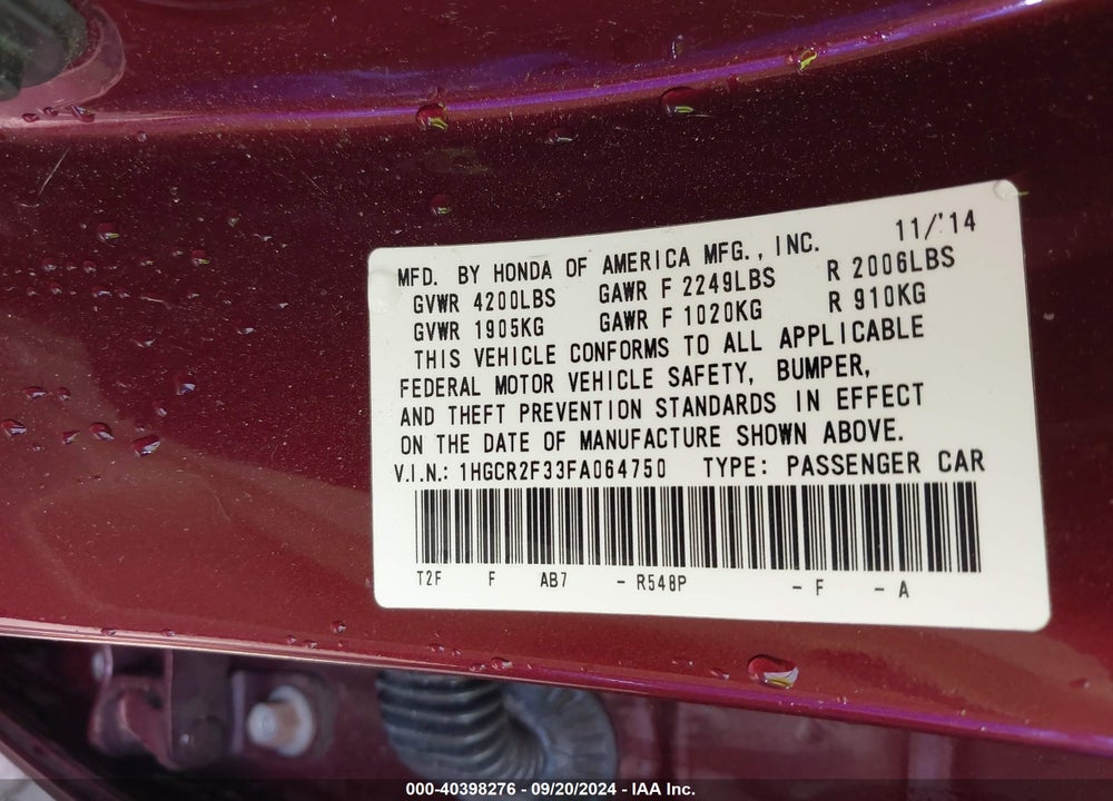 2015 HONDA ACCORD LX VIN: 1HGCR2F33FA064750