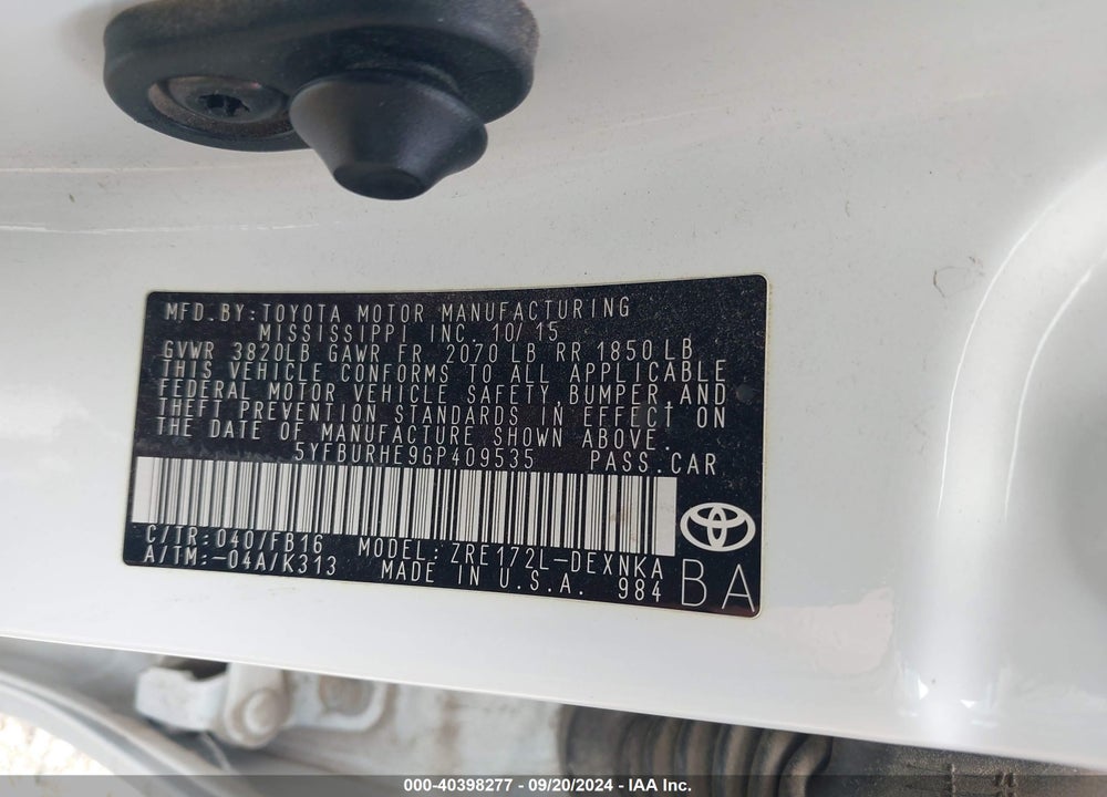 2016 TOYOTA COROLLA LE VIN: 5YFBURHE9GP409535