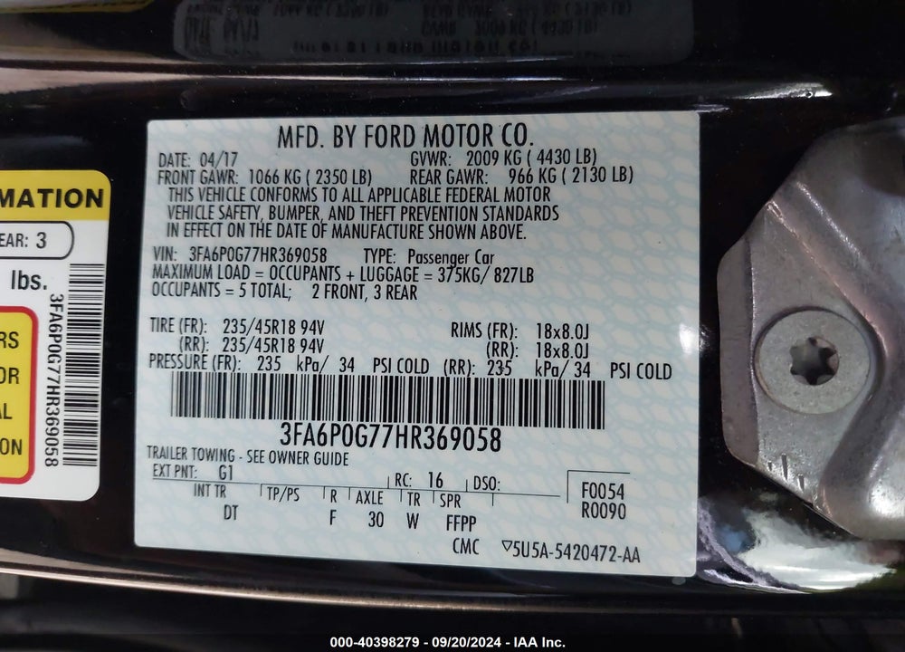 2017 FORD FUSION S VIN: 3FA6P0G77HR369058