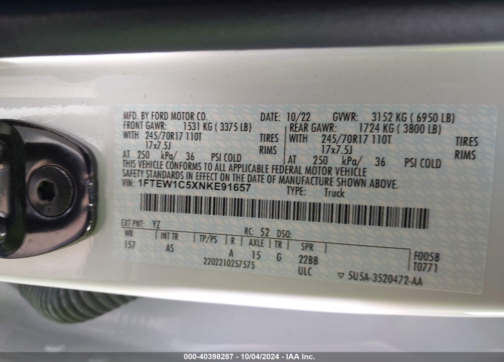 2022 FORD F-150 XL VIN: 1FTEW1C5XNKE91657