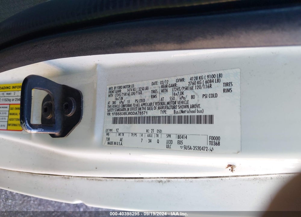 2012 FORD E-350 SUPER DUTY XL VIN: 1FBSS3BL6CDA78571
