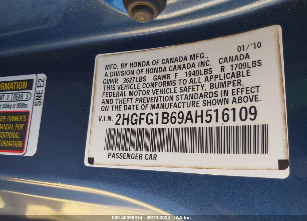 2010 HONDA CIVIC LX VIN: 2HGFG1B69AH516109