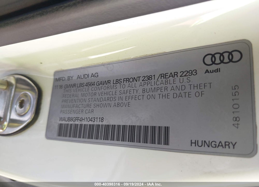 2017 AUDI A3 2.0T PREMIUM VIN: WAUB8GFF4H1043118