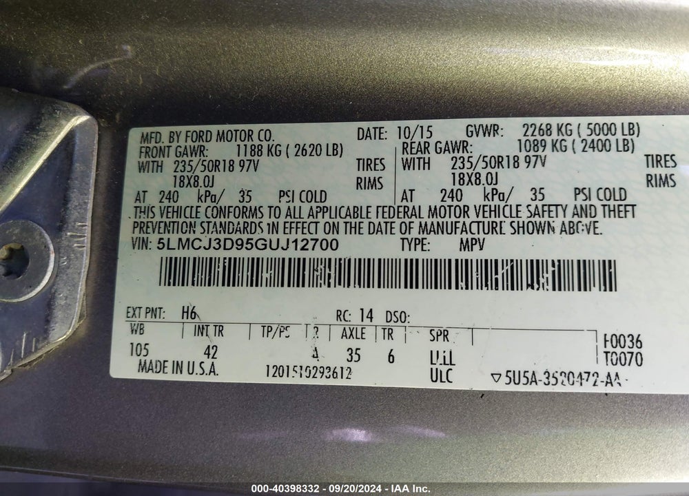 2016 LINCOLN MKC RESERVE VIN: 5LMCJ3D95GUJ12700