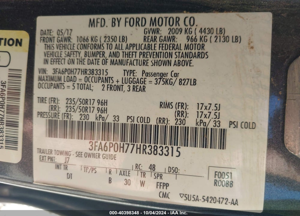 2017 FORD FUSION SE VIN: 3FA6P0H77HR383315