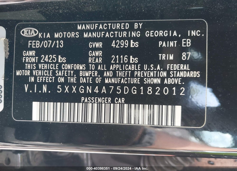 2013 KIA OPTIMA EX VIN: 5XXGN4A75DG182012