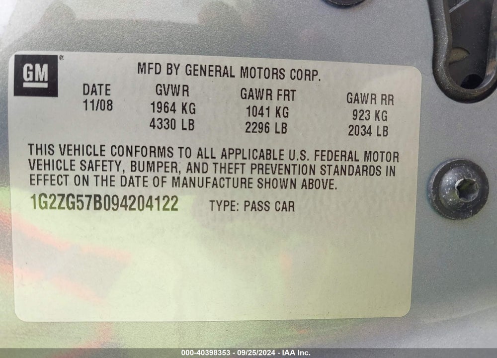 2009 PONTIAC G6 VIN: 1G2ZG57B094204122