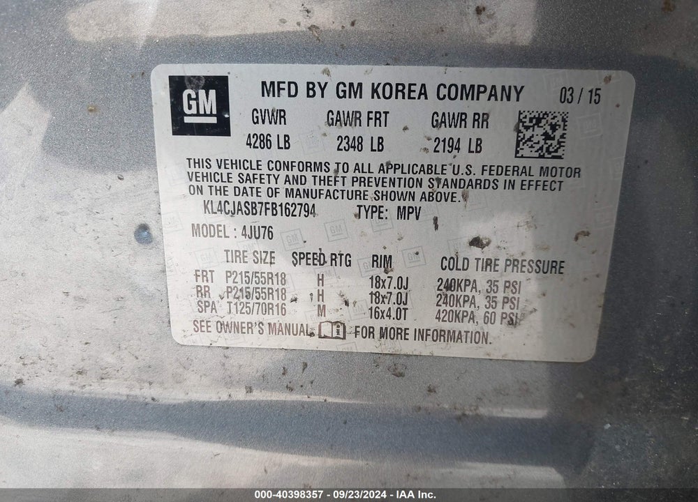 2015 BUICK ENCORE VIN: KL4CJASB7FB162794