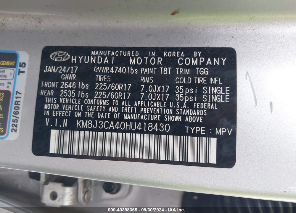 2017 HYUNDAI TUCSON SE VIN: KM8J3CA40HU418430