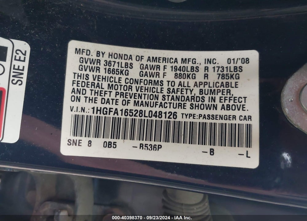2008 HONDA CIVIC LX VIN: 1HGFA16528L048126