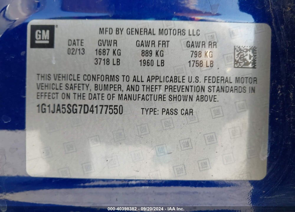 2013 CHEVROLET SONIC LS AUTO VIN: 1G1JA5SG7D4177550