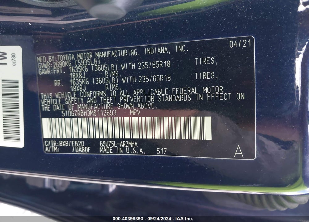 2021 TOYOTA HIGHLANDER XLE VIN: 5TDGZRBH3MS112693