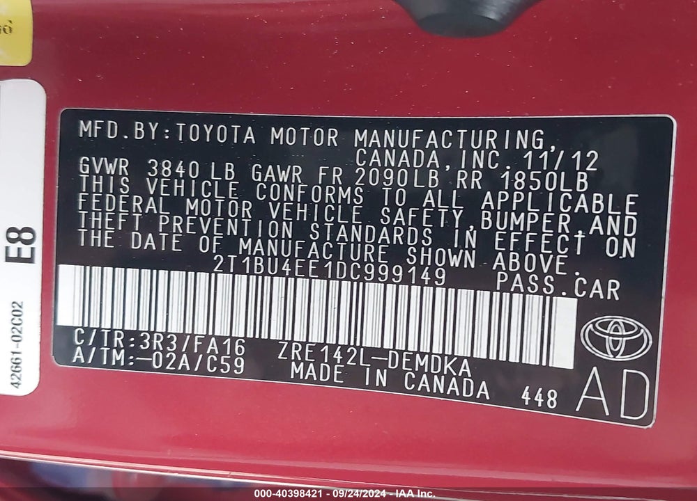 2013 TOYOTA COROLLA L VIN: 2T1BU4EE1DC999149