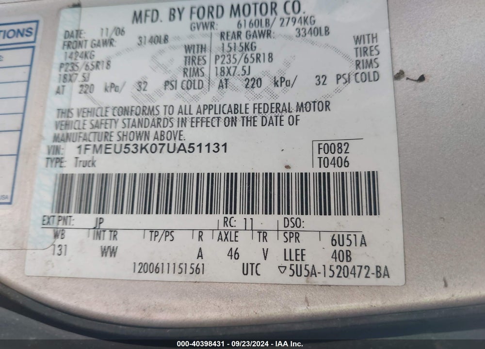 2007 FORD EXPLORER SPORT TRAC LIMITED VIN: 1FMEU53K07UA51131