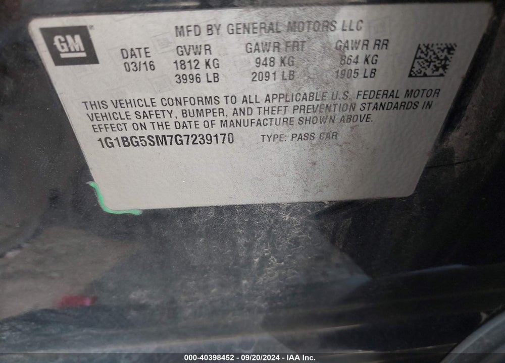 2016 CHEVROLET CRUZE PREMIER VIN: 1G1BG5SM7G7239170