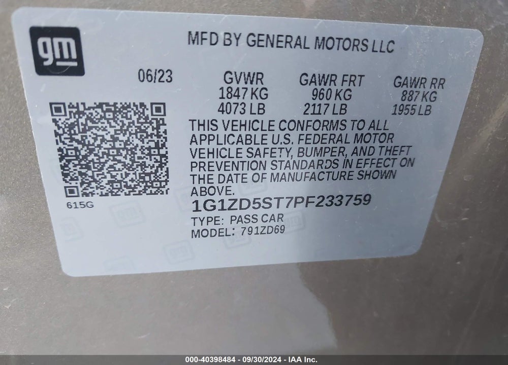 2023 CHEVROLET MALIBU FWD 1LT VIN: 1G1ZD5ST7PF233759