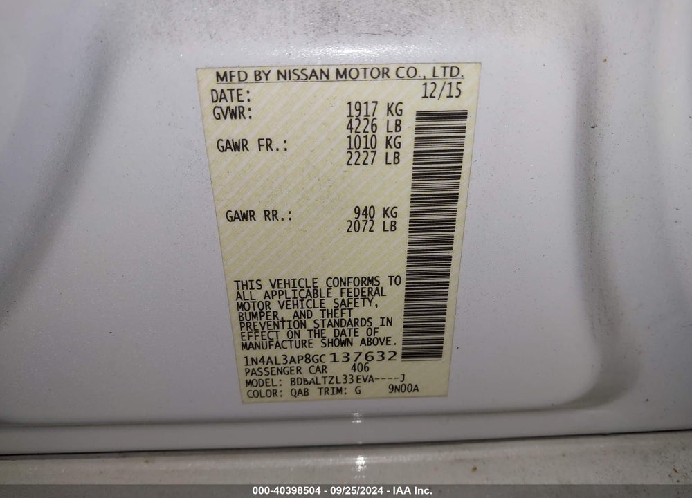 2016 NISSAN ALTIMA 2.5 SL VIN: 1N4AL3AP8GC137632