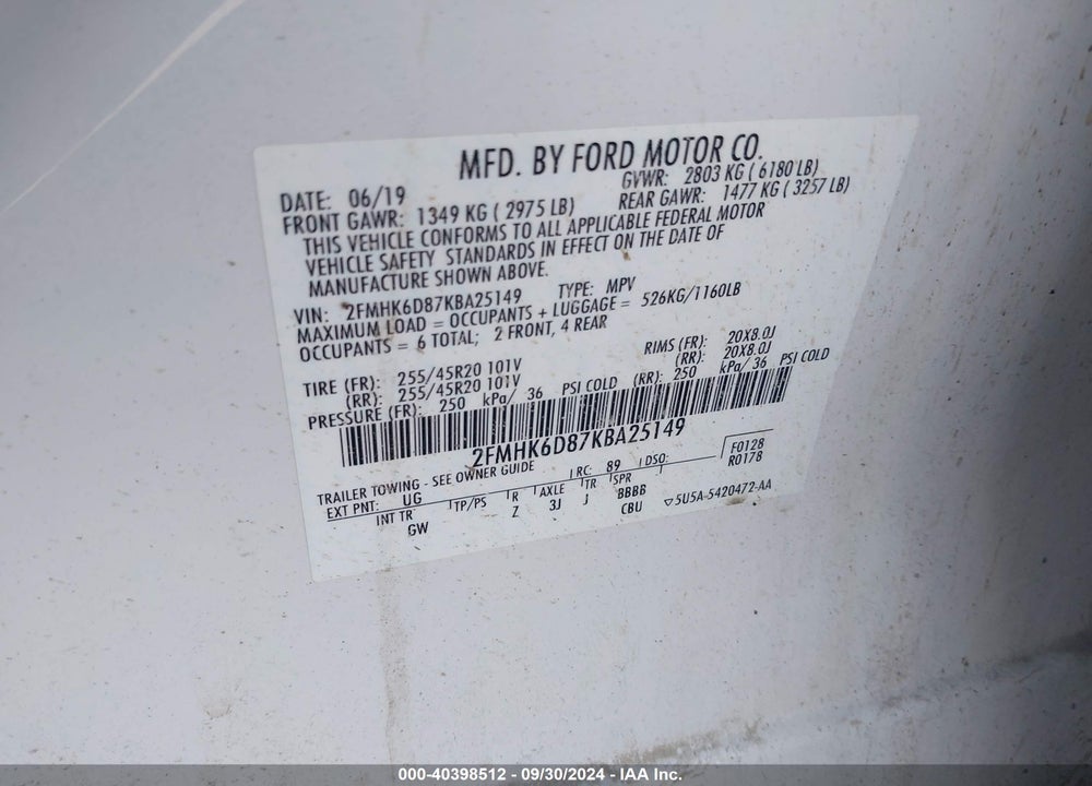 2019 FORD FLEX LIMITED VIN: 2FMHK6D87KBA25149