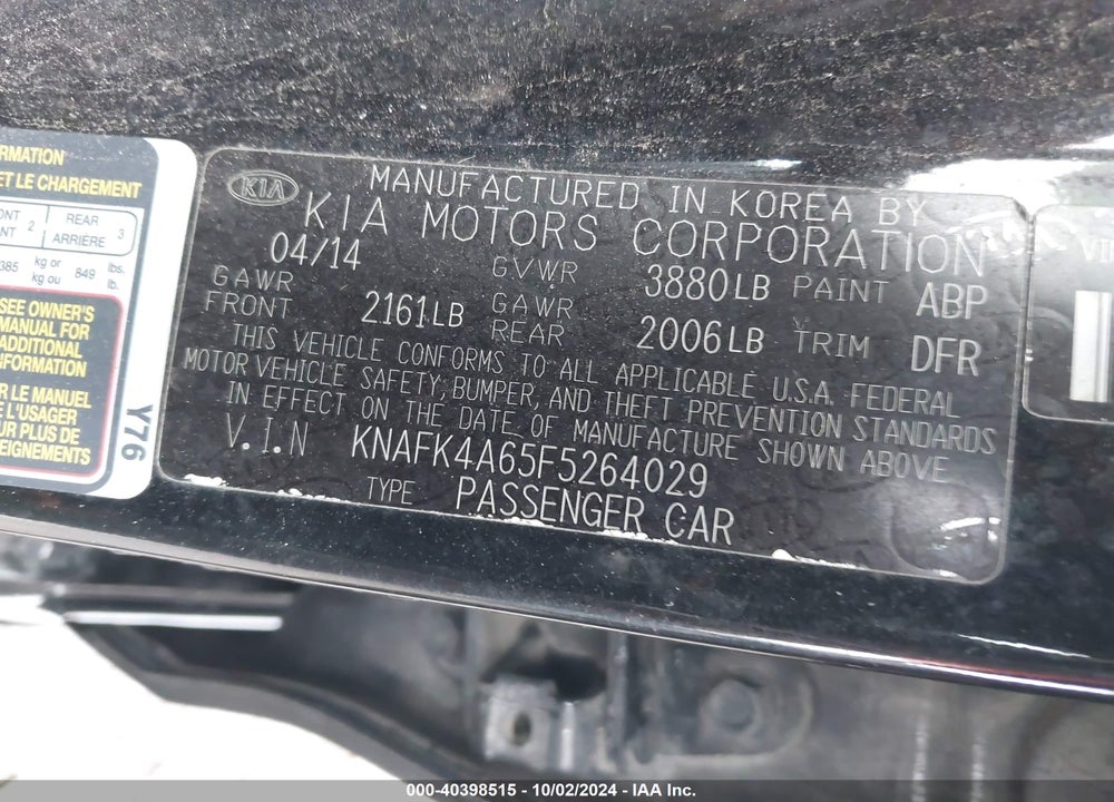2015 KIA FORTE LX VIN: KNAFK4A65F5264029
