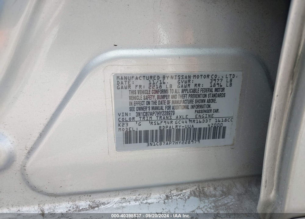 2017 NISSAN SENTRA SR TURBO VIN: 3N1CB7AP7HY228979